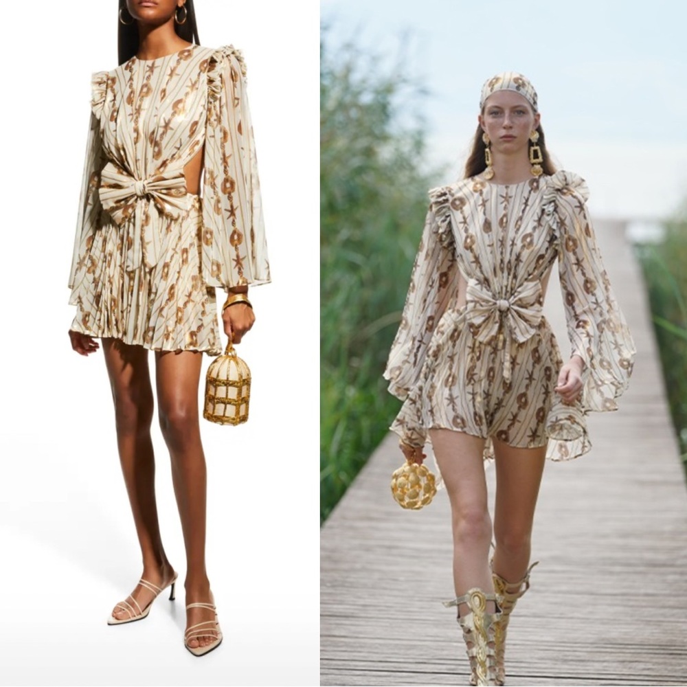 Raisa Vanessa Metallic Seashell Chiffon Long Sleeve Dress